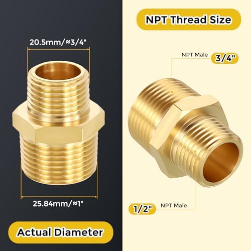 METALLIXITY 2PCS 3/4" MNPT x 1/2" MNPT Thread Brass Hex Nipple Adapter | Male Straight Extension Adapters, Brass Pipe Fittings for Water Line, Tub Spout/Shower Head