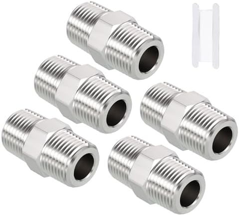 Pack of 5, 1/2" Male NPT to 1/2" Male NPT SUS304 Hex Nipple | Solid Male Pipe Adapter Hose Connectors with Sealing Tape for Pipe Repair, Bathroom Remodel, Tool Extensions, Compression