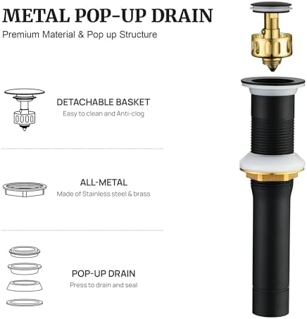 Pop up Sink Drain Stopper for Bathroom Vessel Vanity Sink Art Basin Matte Black, Small Cap Without Overflow, Metal Pop-up Drain Strainer with Detachable Basket Stopper (Pack of 2)