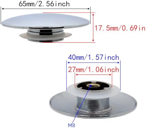 2Pcs Chrome Basin Waste Easy Pop Up Bathroom Sink Drains Push Button Click Clack Plug 66mm Easy to Use