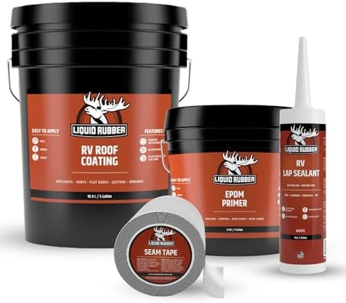 Liquid Rubber RV Roof Coating - Solar Reflective Sealant Bundle - 5G Sealer, 1G EPDM Primer, 4inx50ft Seam Tape, 1 Tube of Caulk