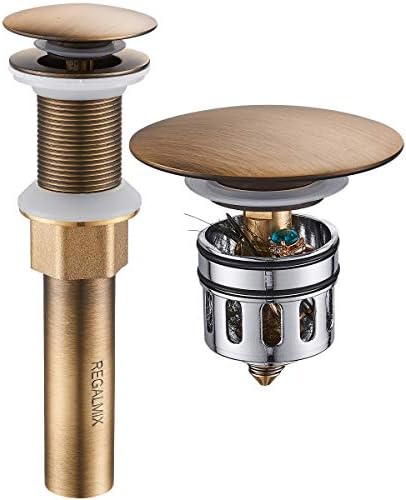 REGALMIX Antique Brass Pop UP Drain, Bathroom Vessel Lavatory Vanity Faucet Sink Stopper, Built-in Anti-Clogging Strainer, Fits Standard American Drain Hole(1-1/2" to 1-3/4"),Without Overflow RWF082S