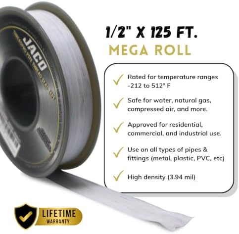 JACO ThreadPro High-Density Thread Seal Tape - 1/2" x 125 ft. (Mega Roll) | Professional PTFE Pipe Sealant | Plumbers Tape (2-Pack)