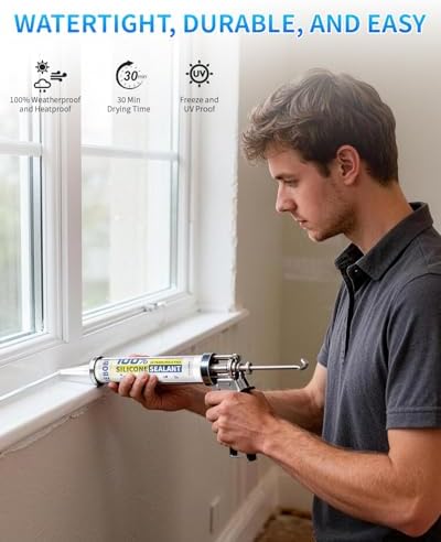Silicone Caulk & Sealant Clear, 100% Waterproof Silicone Sealant, Shrink & Crack Proof, Silicone Caulking for Kitchen, Bathroom, RV, Interior & Exterior Use, 10.2 FL. OZ/300ML, 4 Pack