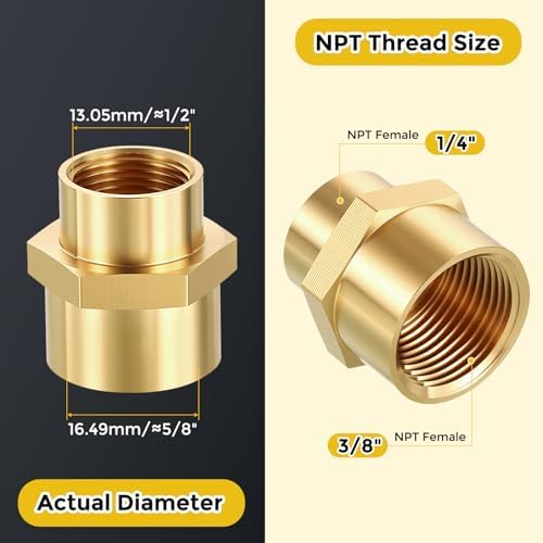 METALLIXITY 12PCS 3/8" FeMale NPT x 1/4" FeMale NPT Thread Brass Coupling | Brass Pipe Fittings, Coupler Hex Head Adapter for Water Line, Tub Spout/Shower Head