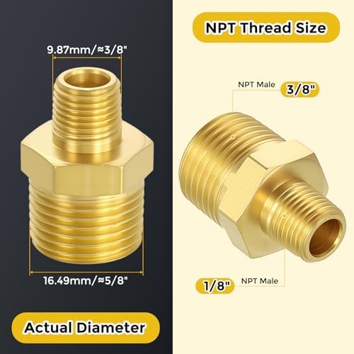 METALLIXITY 2PCS 3/8" MNPT x 1/8" MNPT Thread Brass Hex Nipple Adapter | Male Straight Extension Adapters, Brass Pipe Fittings for Water Line, Tub Spout/Shower Head