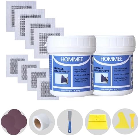 Drywall Repair Kit,Drywall Hole Patch Repair Kit to Fix Wall Surface Holes and Creak Damage with White Repair Putty 17OZ,8PCS Aluminum Repair Patchs,Scraper,Sanding Pad Fill Quick and Easy Solution