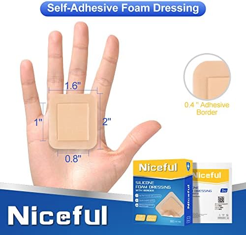 Niceful 10 Count Silicone Foam Dressing 1.6" x 2", Wound Dressing for Minor Surgical Incisions, Abrasions, Absorbent Silicone Bandages for Sensitive Skin, Small Bed Sore Bandages (Pack of 2)