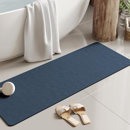 Super Absorbent & Non-Slip Bath Mat Kit | Waterproof Drip Rail, Shower Floor Protector & Door Seal Strip | Cut-to-Fit for Tub & Shower (Navy, 47''x12'')