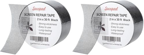 Secopad Black Window Screen Repair Tape, 2 in X 30 FT (360IN) Screen Repair Kit for Windows or Doors, Strong Adhesive Fiberglass Mesh Patch Tape (Pack of 2)
