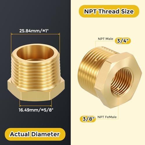 METALLIXITY 6PCS 3/4" MNPT x 3/8" FNPT Thread Brass Hex Bushing Extension | Brass Pipe Fittings, Tube Adapters Convert with Sealing Tape for Water Line, Tub Spout/Shower Head