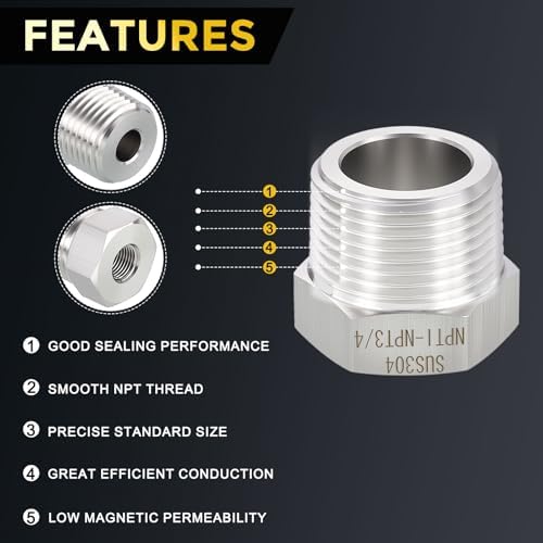 METALLIXITY 3PCS 1" MNPT x 3/4" FNPT Thread SUS304 Hex Bushing Extension | 304 Stainless Steel Pipe Fittings, Tube Adapters Convert for Water Line, Tub Spout/Shower Head