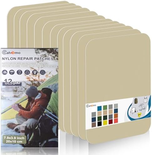 Cahomo 7.9x3.9 inch 12 PCS Nylon Repair Patch Nylon Repair Tape Self Adhesive Fabric Tapes Outdoor Camping Gear Fabric kit for Tent, Umbrella, Down Jackets, Sleeping Bag, Knapsack（Yellow Beige）