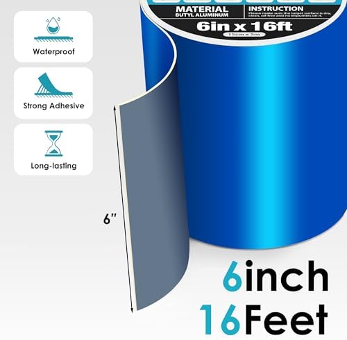Waterproof Blue Butyl Tape, Pool Cover Repair Tape 6 in x 16ft | Self Adhesive Leak Proof Sealant Tape, Heavy Duty, for RV Roof Repair, Camper Roof Crack, Pool Liner Patch, Pipe Leak