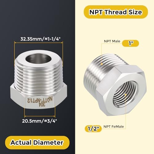 METALLIXITY 1PCS 1" MNPT x 1/2" FNPT Thread SUS304 Hex Bushing Extension | 304 Stainless Steel Pipe Fittings, Tube Adapters Convert for Water Line, Tub Spout/Shower Head