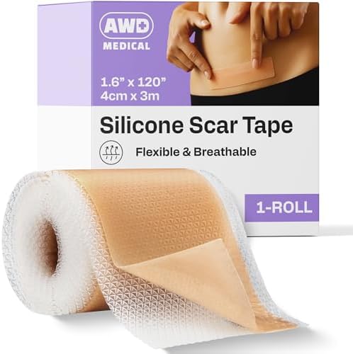 AWD Medical Silicone Scar Tape, Medical Grade, 1.6in x 120in Roll | Reusable Silicone Scar Sheets, Cut-to-Fit for C-Section, Surgery, Keloid & Acne; Latex-Free, Water-Resistant, FSA Eligible