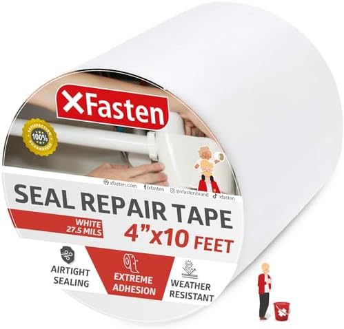 XFasten Waterproof Patch and Seal Tape, White, 4-Inch by 10-Foot Roof and Gutter Rubber Repair Tape for Stop Leak Repair on Gutter, Roof, Boat, Pool Liner and HVAC – Waterproof and Puncture-Resistant