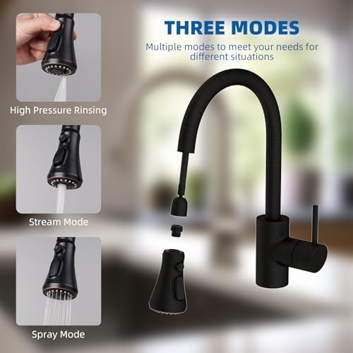 Hibbent Pull Down Kitchen Faucet Head Replacement, NSF/ANSI/CAN 61 & CUPC Certified 3-Function Sink Spray Nozzle with 15 Adapters Compatible with Moen, Delta, Kohler Faucets - Oil-Rubbed Bronze