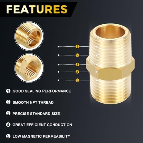 METALLIXITY 1PCS 3/8" MNPT x 3/8" MNPT Thread Brass Hex Nipple Adapter | Male Straight Extension Adapters, Brass Pipe Fittings for Water Line, Tub Spout/Shower Head