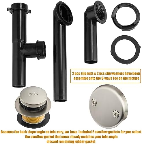 Artiwell 1-1/2" Black Tubular Bath Drain Kit with Tip-Toe Bath Drain Stopper, Touch-Toe Tub Drain, Tip Toe Bathtub Drain Waste and Overflow with Plug and Bathtub Overflow Drain Cover, Brushed Nickel
