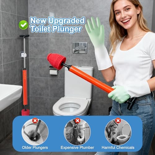 Toilet Plunger, High Pressure Air Plunger with Toilet Snake (Red)