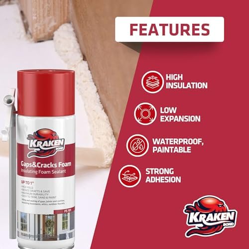 Kraken Bond Gaps & Cracks Expanding Foam Sealant - (1x12oz) High Expansion Polyurethane Spray Foam for Window & Door, Straw Use Waterproof High Yield Gap Filler - 1 Pack