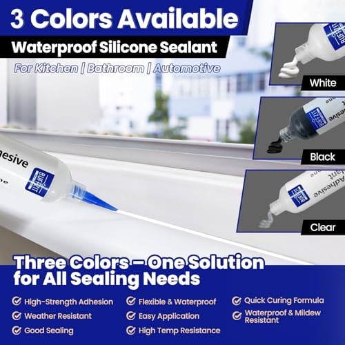 Silicone Sealant RTV 100% Silicone Waterproof Sealant – All-Purpose Caulk for Car, Kitchen, Window, Bathroom, Door – High Strength, Anti-Shrink & Crack (White, 30g/1oz)