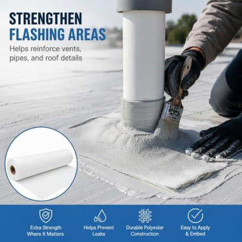 Contouring Polyester Roof Reinforcement Fabric White, 40 in x 162 ft Elastomeric Roof Coating, Roofing Tool and Fabric Sealer to Reinforce Strength for Roofs