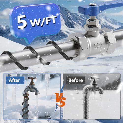 Pipe Heating Cable 6FT (3FT-200FT) for Metal & Plastic Water Pipes - Freeze Protection up to -40°F, 5W/FT 120V Heat Tape to Keep Water Flowing (Pack of 2)