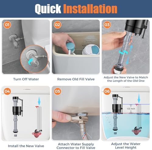 Universal Toilet Flusher Replacement Kit, Water-Saving & Height Adjustable Fill Valve, 2-Inch Flapper, Toilet Handle Lever, Quiet & Anti-Siphon Toilet Repair Kit Inside Tank (Black, 1-Pack)