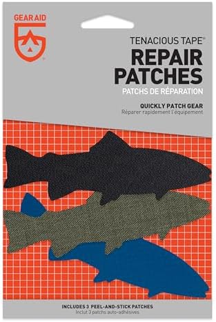 GEAR AID Tenacious Tape Repair Patches – Peel-and-Stick Nylon Gear Patches for Jackets, Tents, Sleeping Bags, Backpacks, and Outdoor Gear – Fix Rips, Tears, and Holes, 3 Patches, Fish