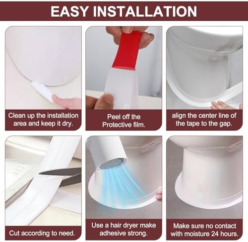 White Caulk Tape 2 Rolls Waterproof Self-Adhesive Tub & Wall Sealing Strip PVC Caulk for Bath & Kitchen Shower Corners, Sink Edges, Toilet Base