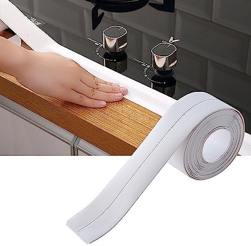 PVC Caulk Strip, Self Adhesive Sealant Trim for Bathroom Kitchen Sink Cooktop, Heat Flexible Decorative Edge Protector (White)