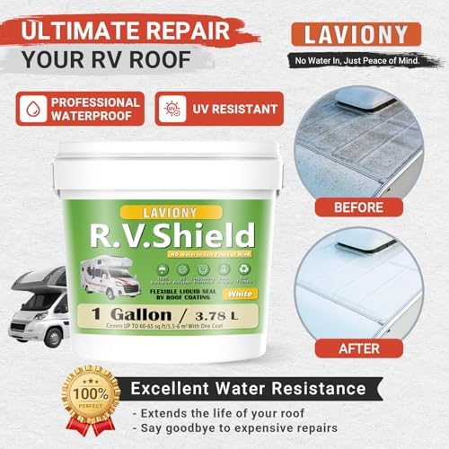RV Roof Coating White– Self Leveling Elastomeric Rubber Sealant, Waterproof Cool Roof Solar Reflective Paint for Camper, Trailer, Motorhome, Metal Building & Leak Repair