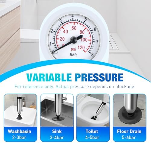 High Pressure Toilet Plunger, Air Drain Blaster Gun with Visual Barometer and Stainless Steel Plungers, Powerful Drain Clog Remover Tool for Sink, Toilet, Floor Drain - Heavy Duty Toilet Plungers