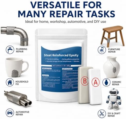 Strong Clay Iron Adhesive, Steel Reinforced Epoxy Putty, Repair Putty Waterproof, Heat Resistant Drillable, Filler for Metal PVC Pipe, Plastic Wood Ceramic, Easy Operation, Strong Adhesion (1PCS)