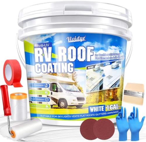 RV Roof Coating 1 Gallon – Self-Leveling RV Roof Sealant Waterproof for Camper, Motorhome & Trailer, Flexible Membrane for EPDM/TPO/Fiberglass/Aluminum Roofs, Solar Reflective White Finish