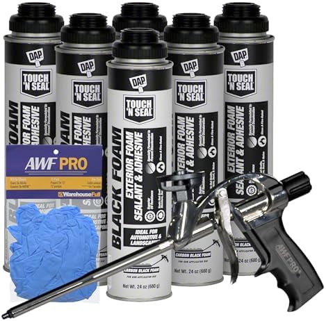 DAP Touch N Seal Black Spray Foam Sealant for RV, Pond, Waterfall & Landscape - UV Resistant, Class A Fire Rated, Waterproof, Polyurethane Adhesive with AWF PRO Gloves and Foam Gun (Pack of 6)