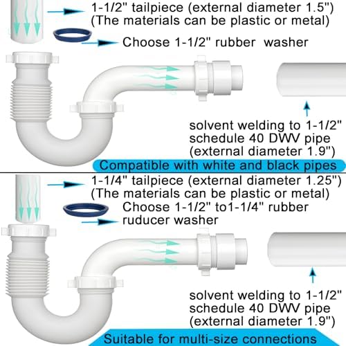 (2 Pack) Yariwiz White 1-1/2 inch P Trap with Adjustable J-Bend for Bathroom Kitchen Sink Drain Replacement Tubular Plumbing Pipe Assembly KSD-004W(2 Pack)