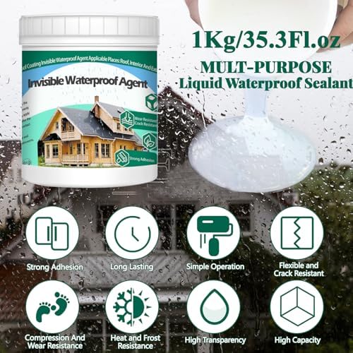 QUKLOGEN 1Kg/35.3Fl.oz Invisible Waterproof Agent Indoor&Outdoor Waterproof Coating Set Transparent Liquid Sealant with Wooden Brush Resistant Work Gloves Putty Shovel Cut