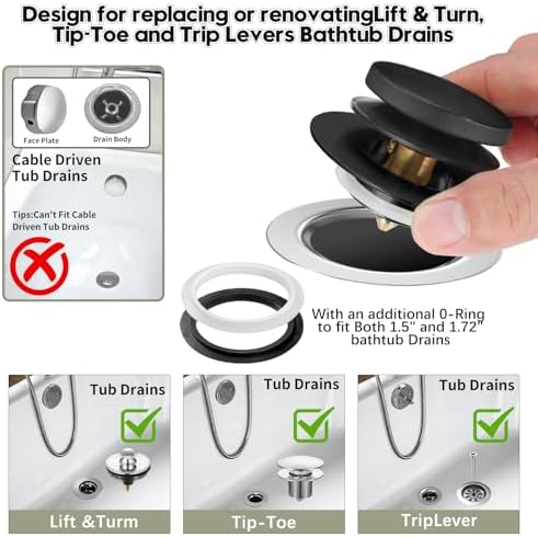 Universal Bathtub Stopper, Pop Up Bath Tub Drain Stoppers, EZ Install Bathtub Drain Replacement Trim Kit, Replaces Lift and Turn, Tip-Toe and Trip Lever Drains for Tub(Black)