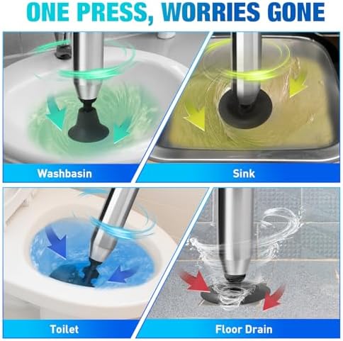 High Pressure Toilet Plunger, Air Drain Blaster Gun with Visual Barometer and Stainless Steel Plungers, Powerful Drain Clog Remover Tool for Sink, Toilet, Floor Drain - Heavy Duty Toilet Plungers