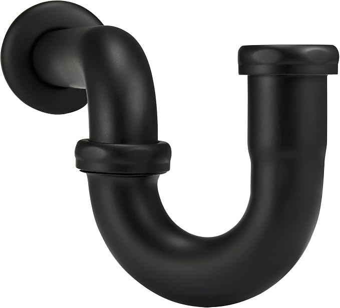18 Gauge Solid Brass P-Trap 1 1/4” OD, Heavy Duty Brass Tubular J Bend Pipe Connector, Decorative Bathroom Basin Sink Waste Trap Drain Kit with Flange and Gasket Washers, Matte Black