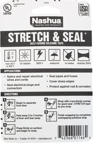 Nashua - 1 in. x 10 ft. Stretch & Seal Self-Fusing, Non-Adhesive Silicone Tape, Clear, 1 Roll