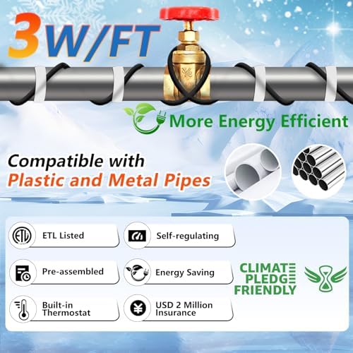 HEATIT 15ft Heat Tape for Pipe Freeze Protection Energy-Saving 3W/FT ETL