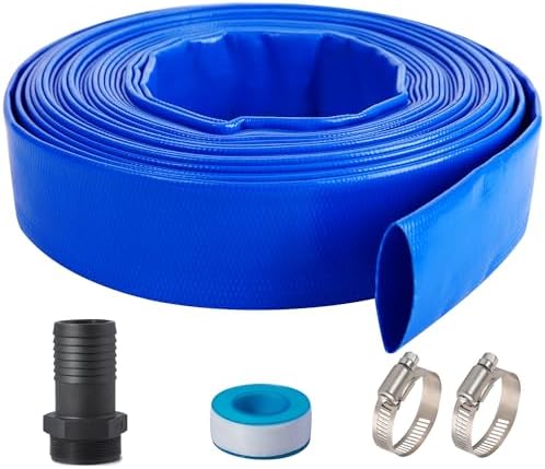 2" (Flat 3.4’’ width) x 100 FT Pool Backwash Hose Kit with Male NPT Adapter | Blue Reinforced Pool Drain Discharge Hose for Swimming Pool Filter Pump,with 2 Clamp and Thread Seal Tape