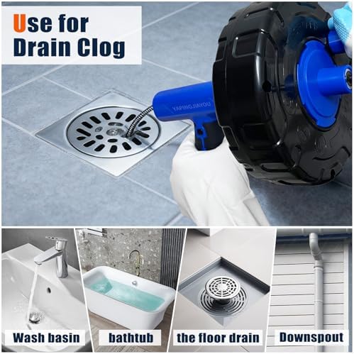 33-Feet Drain Snake Auger Kit, Plumbing snake, Manual or Electric drain snake with Auto-Retract/Feed, for Kitchen, Bathroom, Shower, and Floor Drain sauger，Include Gloves Storage Bag etc (Blue)
