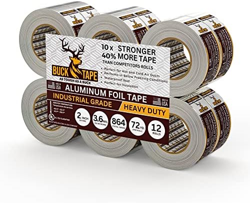 12 Pack Buck Aluminum Foil Tape – 2 Inch x 216ft (72 yd), 3.6 Mil – HVAC Tape for Ductwork, AC, Dryer Vents & Insulation – Silver Foil Tape for Metal Repair, Exhaust Sealing & Air Conditioning