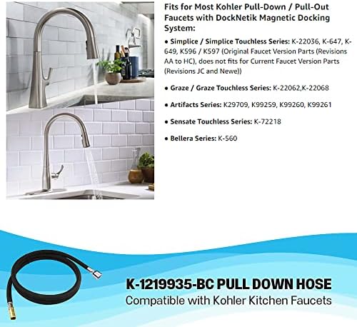Kitchen Faucet Parts Replacement for Kohler Faucet K-1304674-BC to Hose Adapter extender, sink hose attachment for faucet K-1219935-BC, 67" Inches Pull Down Hose, Bright Chrome Finish