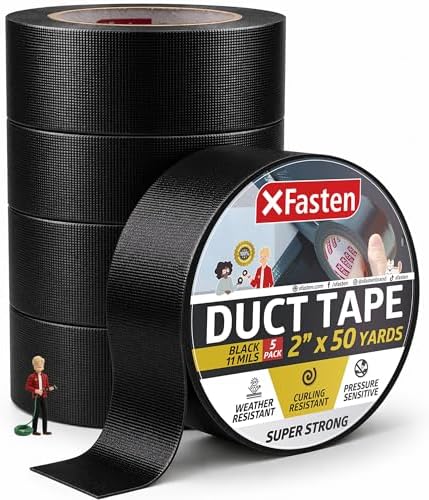 XFasten Black Duct Tape Heavy Duty Waterprooof Super Strong 2” x 50 Yards (5-Pack, 750ft Total) 11mils Extra Thick and Waterproof Heavy Duty Duct Tape Black Color for HVAC and Outdoor Use